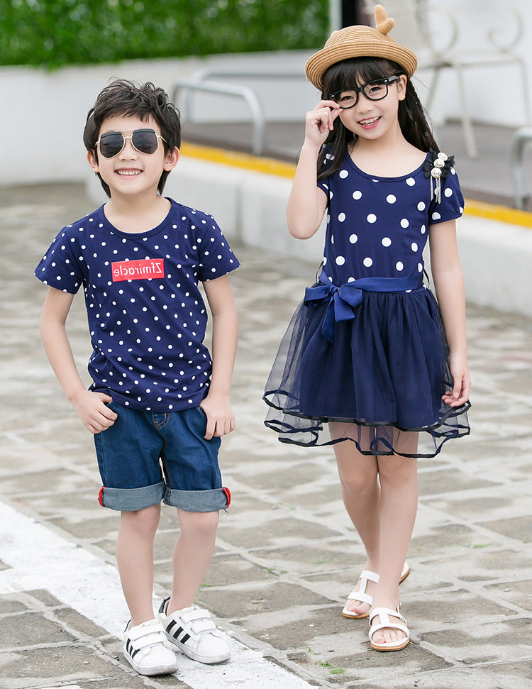 Matching family navy spotted cotton outfit